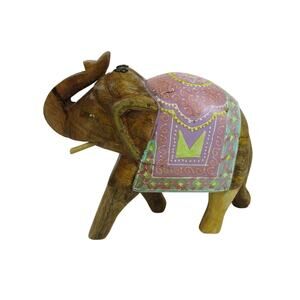 Elephant with Decorative Painted Blanket Carved Wood Home Decor 7.25 x 6" x 2.75